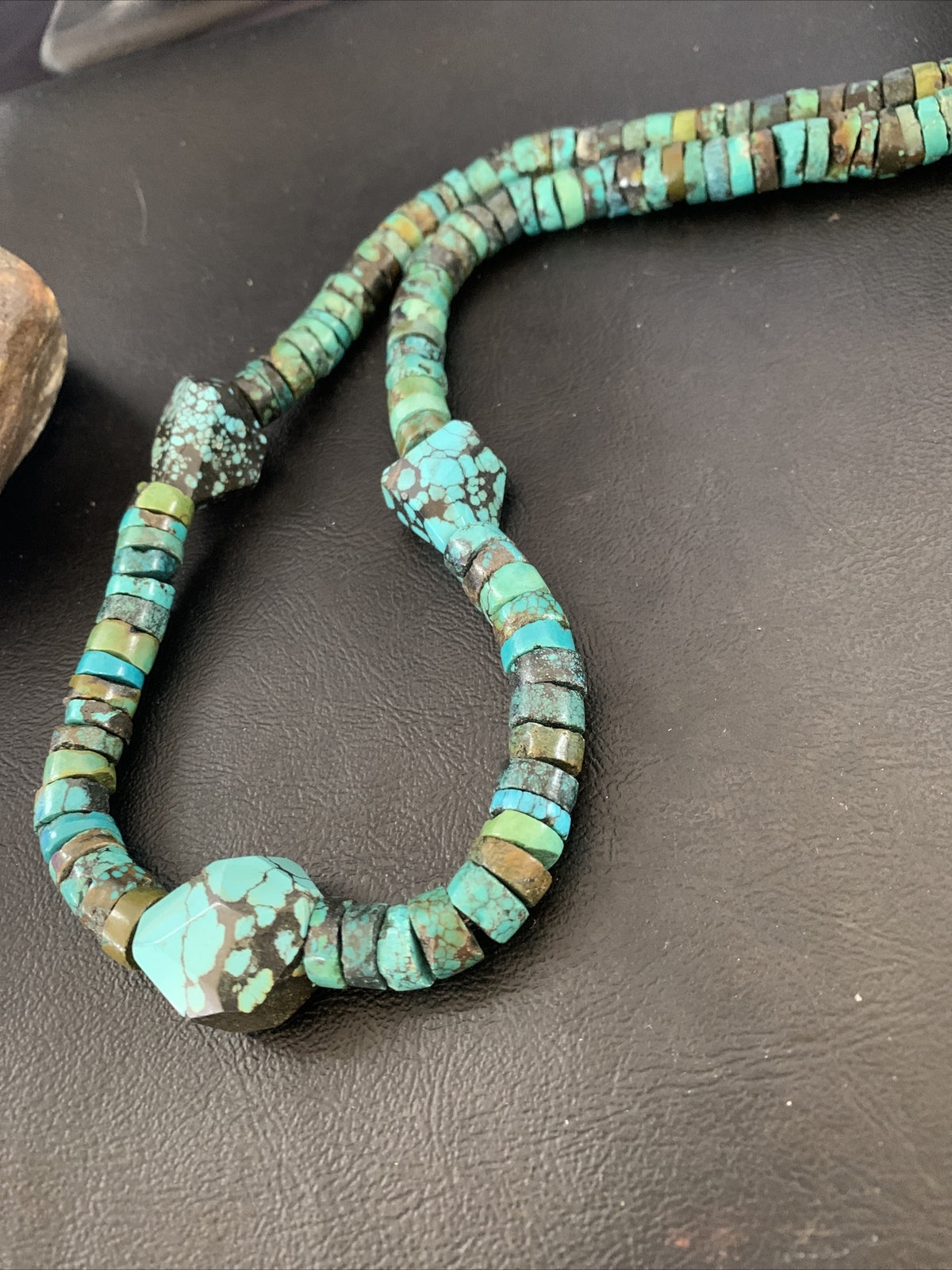 Men Chunky Spiderweb Turquoise Heishi Navajo Sterling Silver Necklace 21” 124506