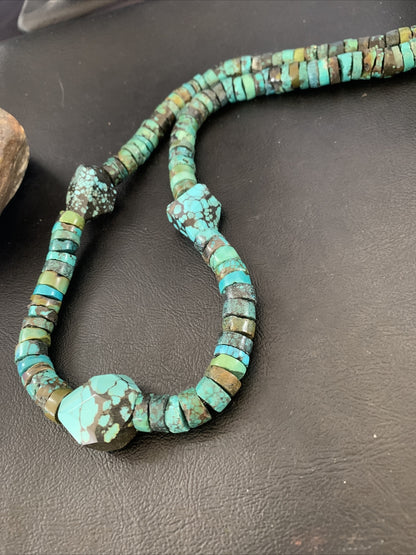 Men Chunky Spiderweb Turquoise Heishi Navajo Sterling Silver Necklace 21” 124506