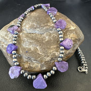 Purple Charoite Teardrop Navajo Pearls Necklace 20" | Sterling Silver | Authentic Native American Handmade | 17933