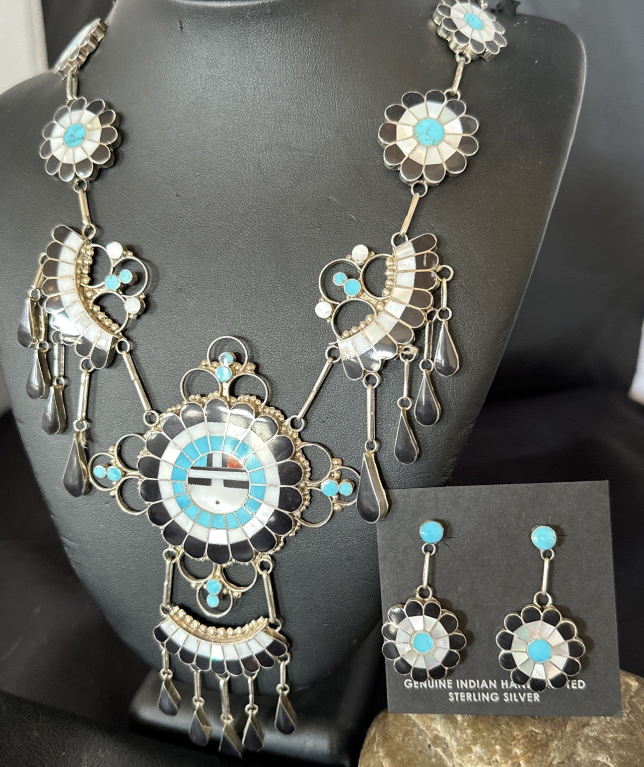 Old Pawn Sunface Turquoise Zuni Sterling Silver Necklace Earrings 19086
