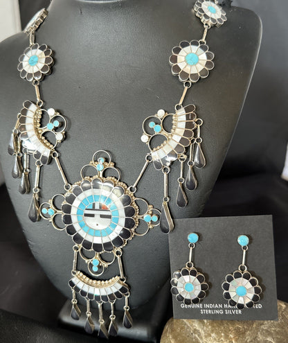Old Pawn Sunface Turquoise Zuni Sterling Silver Necklace Earrings 19086