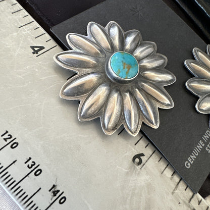 Navajo Blue Turquoise Sterling Silver Stamped Flower Earrings 19083