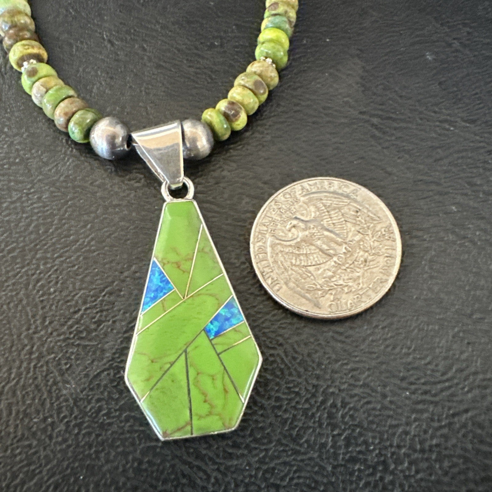 Womens Green Gaspeite Turquoise Pendant Navajo Sterling Silver Necklace 19546