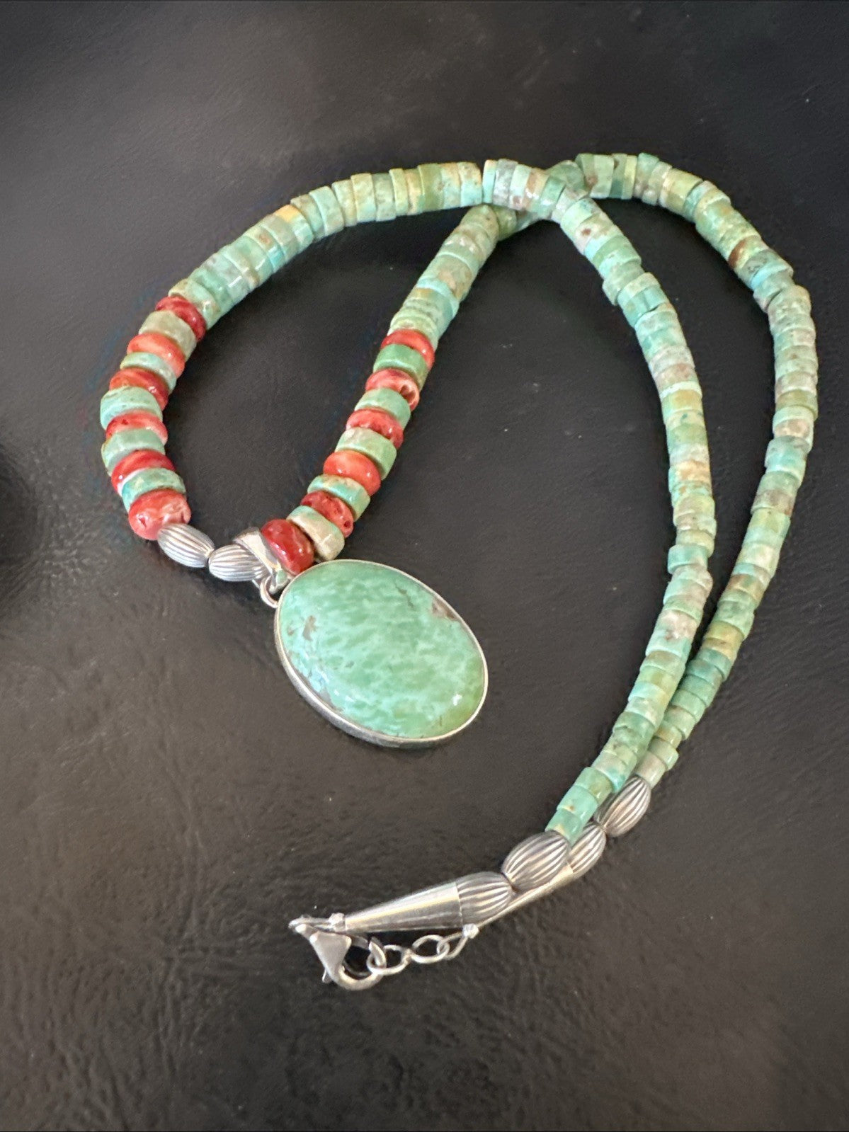 Green Turquoise Pendant Spiny Navajo Sterling Silver Heishi Necklace 21" 19204