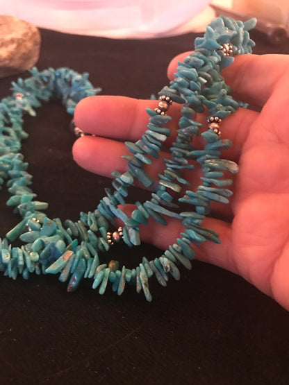 Turquoise Nugget Bead 3 Strand Stabilized Navajo Sterling Necklace 08100