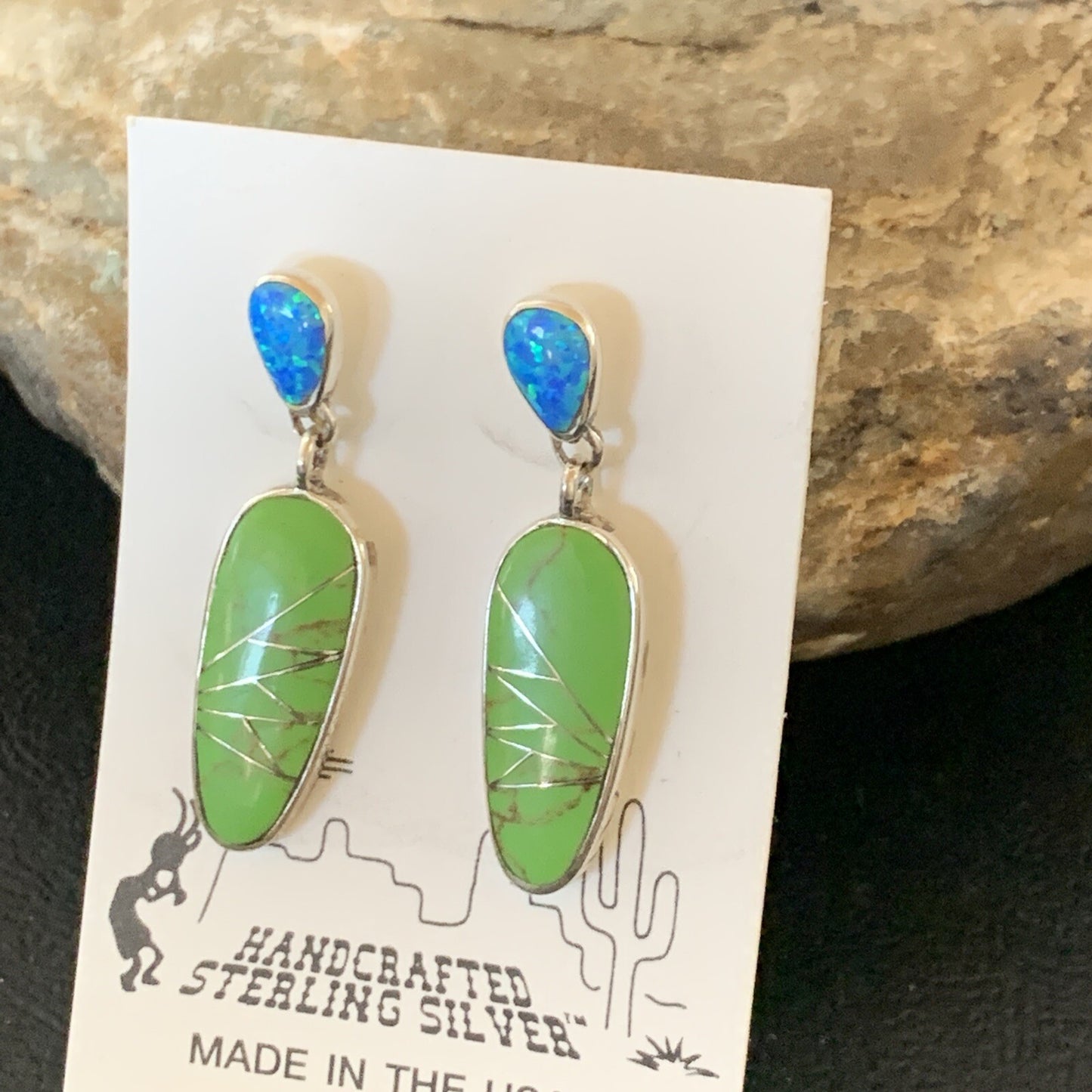 Green Gaspeite Opal Navajo Sterling Silver Inlay Earrings 1.25" 19177