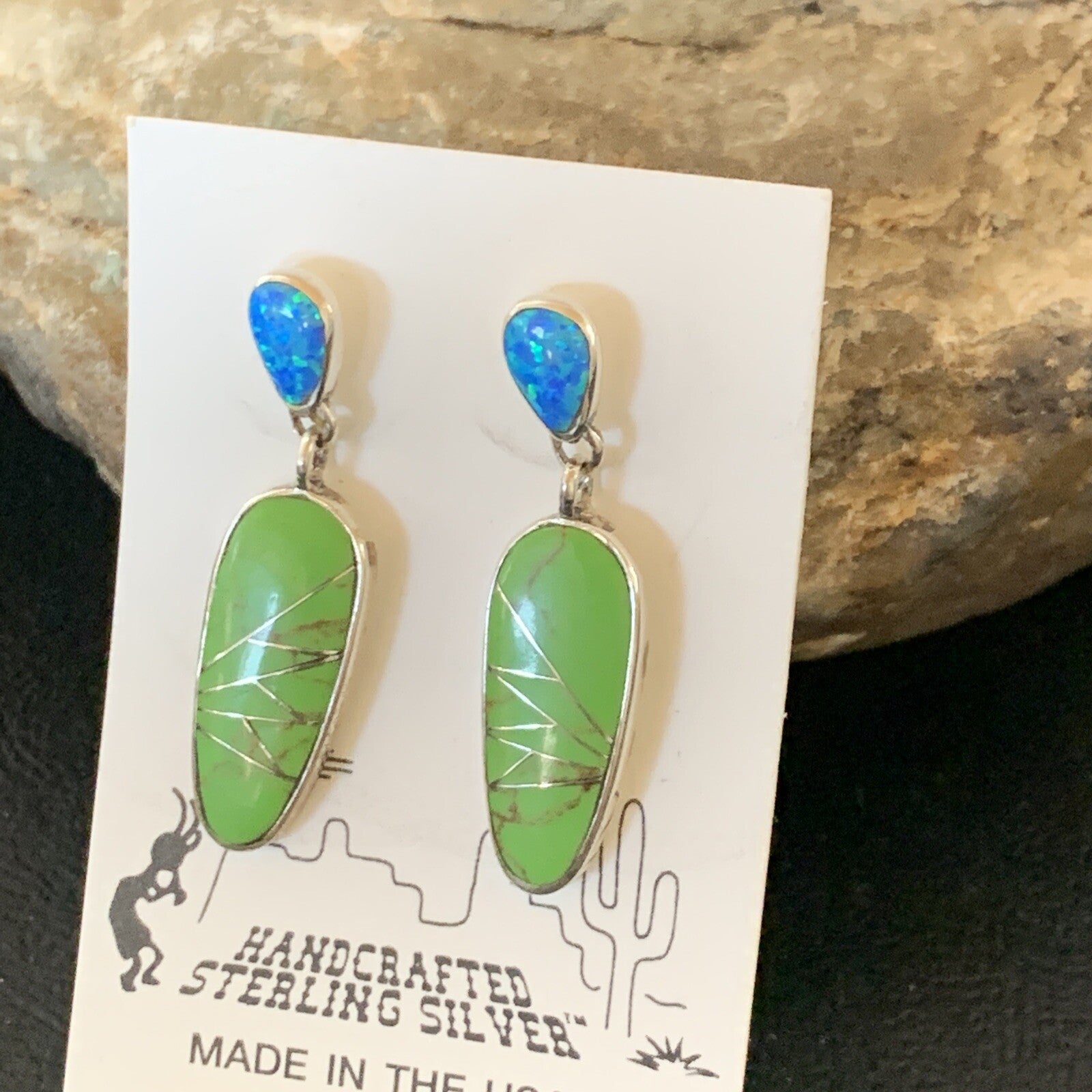Green Gaspeite Opal Navajo Sterling Silver Inlay Earrings 1.25" 19177
