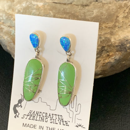 Green Gaspeite Opal Navajo Sterling Silver Inlay Earrings 1.25" 19177