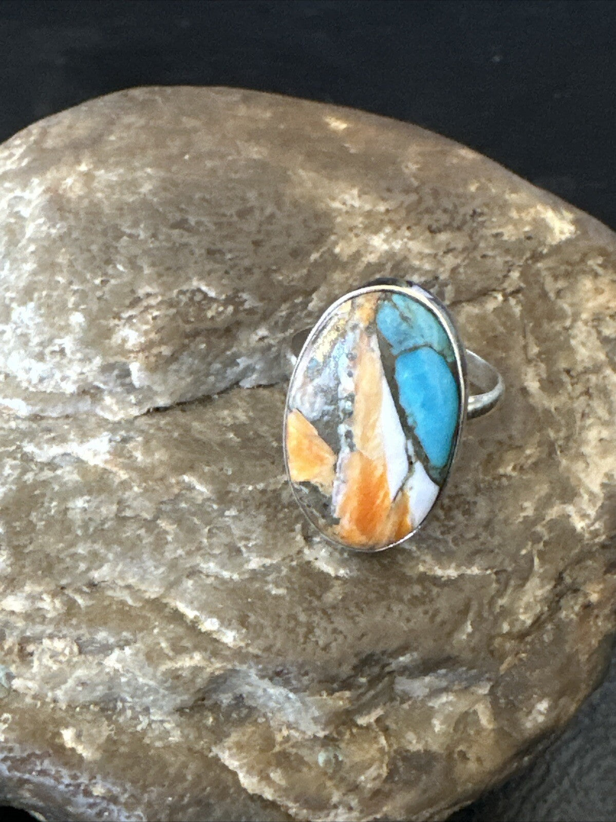 Blue Turquoise Spiny Oyster Southwestern Sterling Silver Ring Size 8 18430
