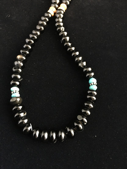 Black Onyx & Turquoise Navajo Sterling Silver Necklace 18" 10022