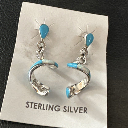 Blue Turquoise Opal Inlay Swirl Navajo Sterling Earrings 1.25" 18751