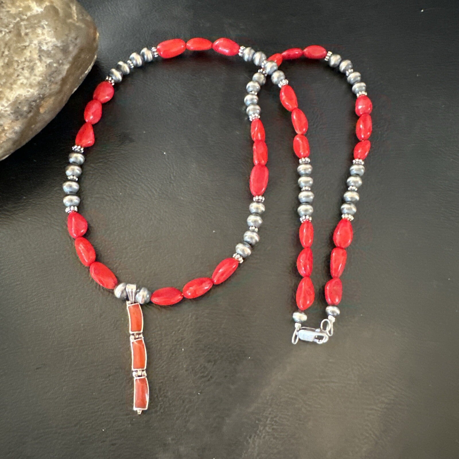 Red Coral Pendant Navajo Pearls Sterling Silver Necklace 23" 18363