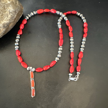 Red Coral Pendant Navajo Pearls Sterling Silver Necklace 23" 18363