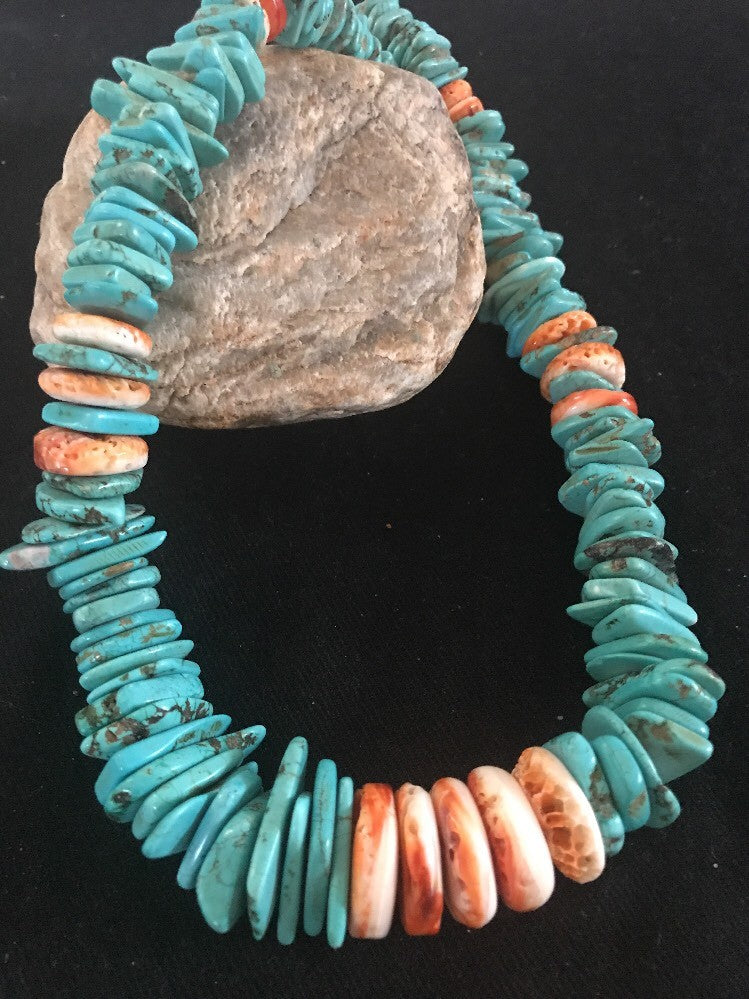 Turquoise Spiny Oyster Nugget Sterling Silver Necklace 21" 03325