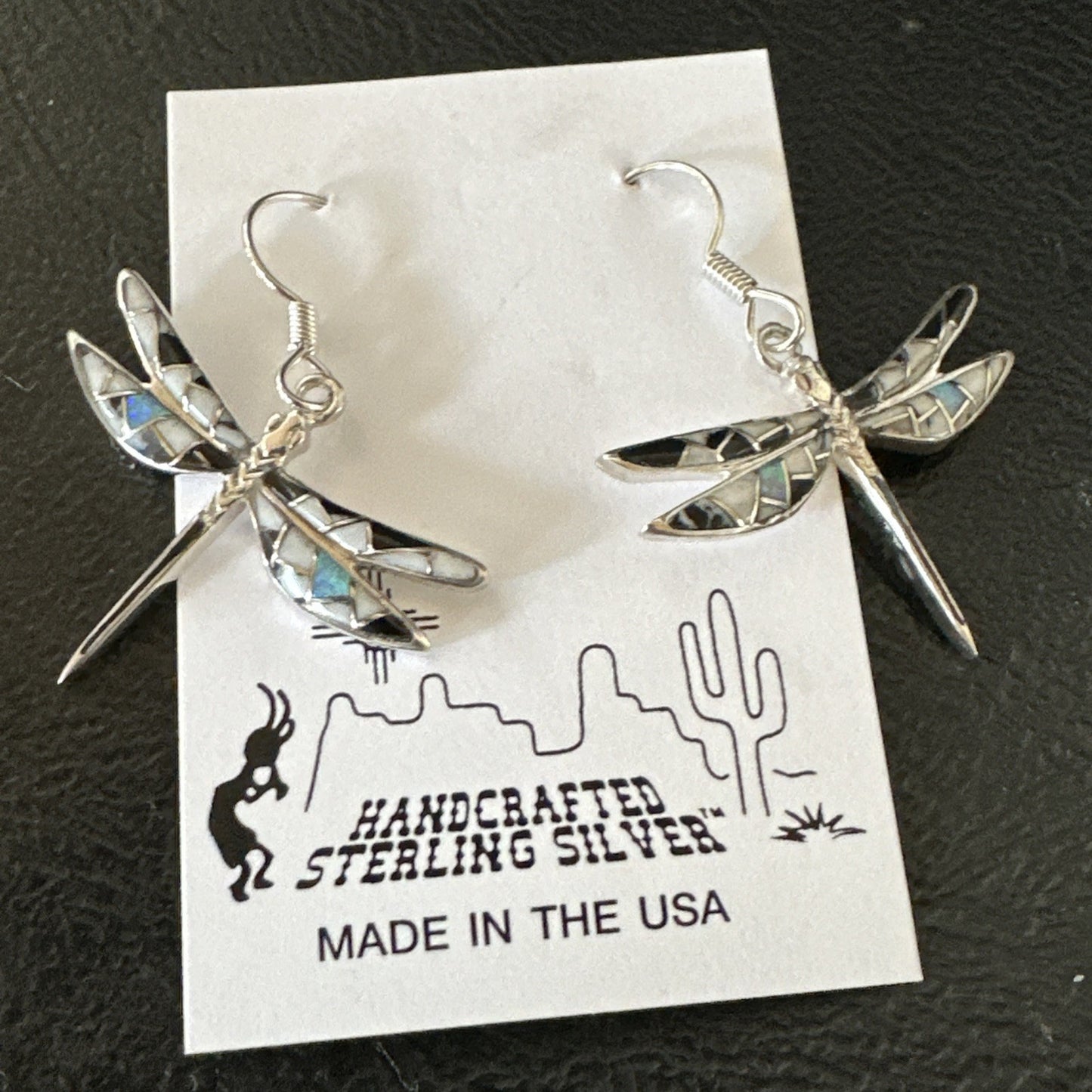 White Buffalo Turquoise Onyx Opal Navajo Sterling Silver Inlay Earrings 1" 18548