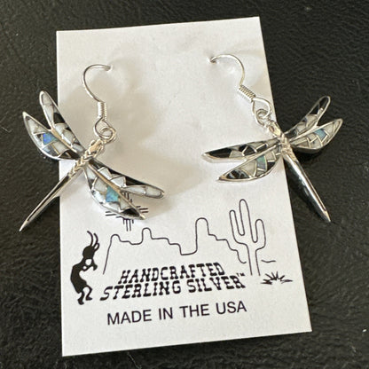 White Buffalo Turquoise Onyx Opal Navajo Sterling Silver Inlay Earrings 1" 18548