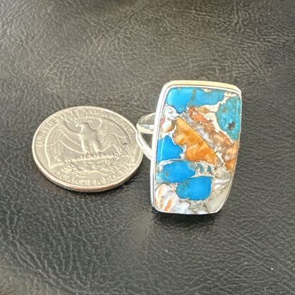 Blue Turquoise Spiny Oyster Southwestern Sterling Silver Ring Size 11 18452