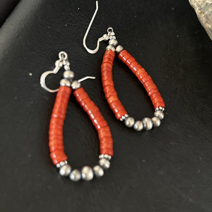 Native American Red Coral Bead Earrings Navajo Sterling Silver 14383