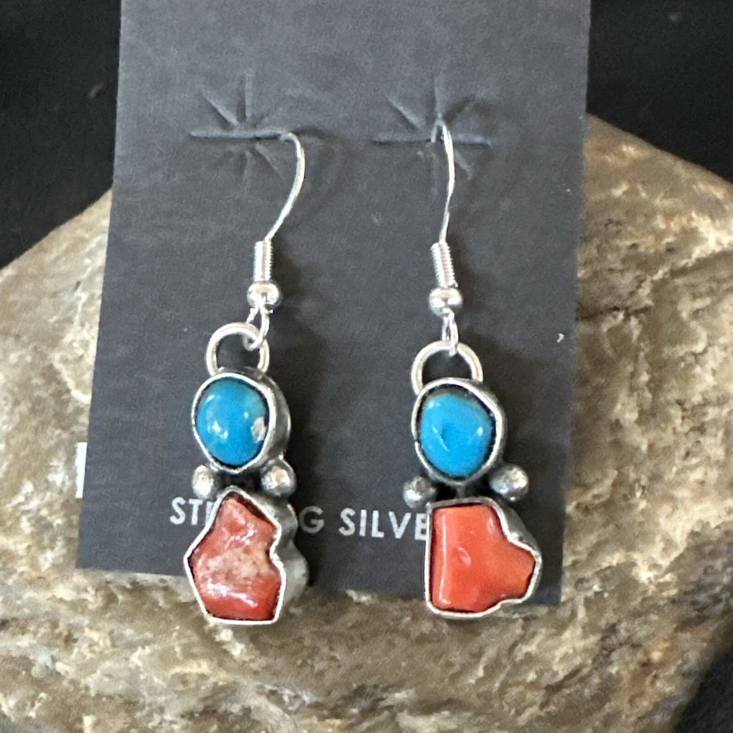 Handmade Blue Turquoise Red Coral Sterling Silver Navajo Dangle Earrings 18839