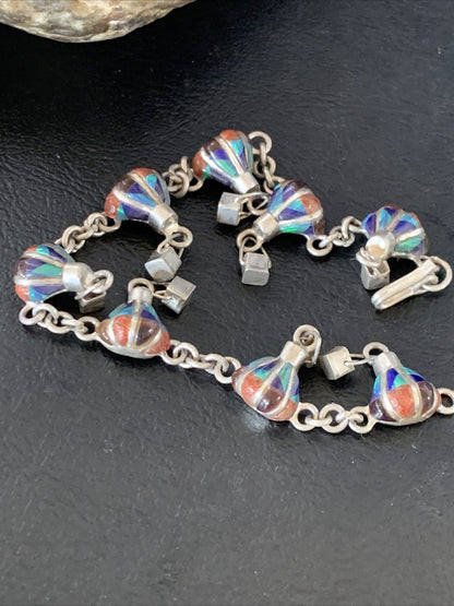 Blue Opal Coral Balloon Navajo Sterling Silver Link Inlay Bracelet 7.5" 12924