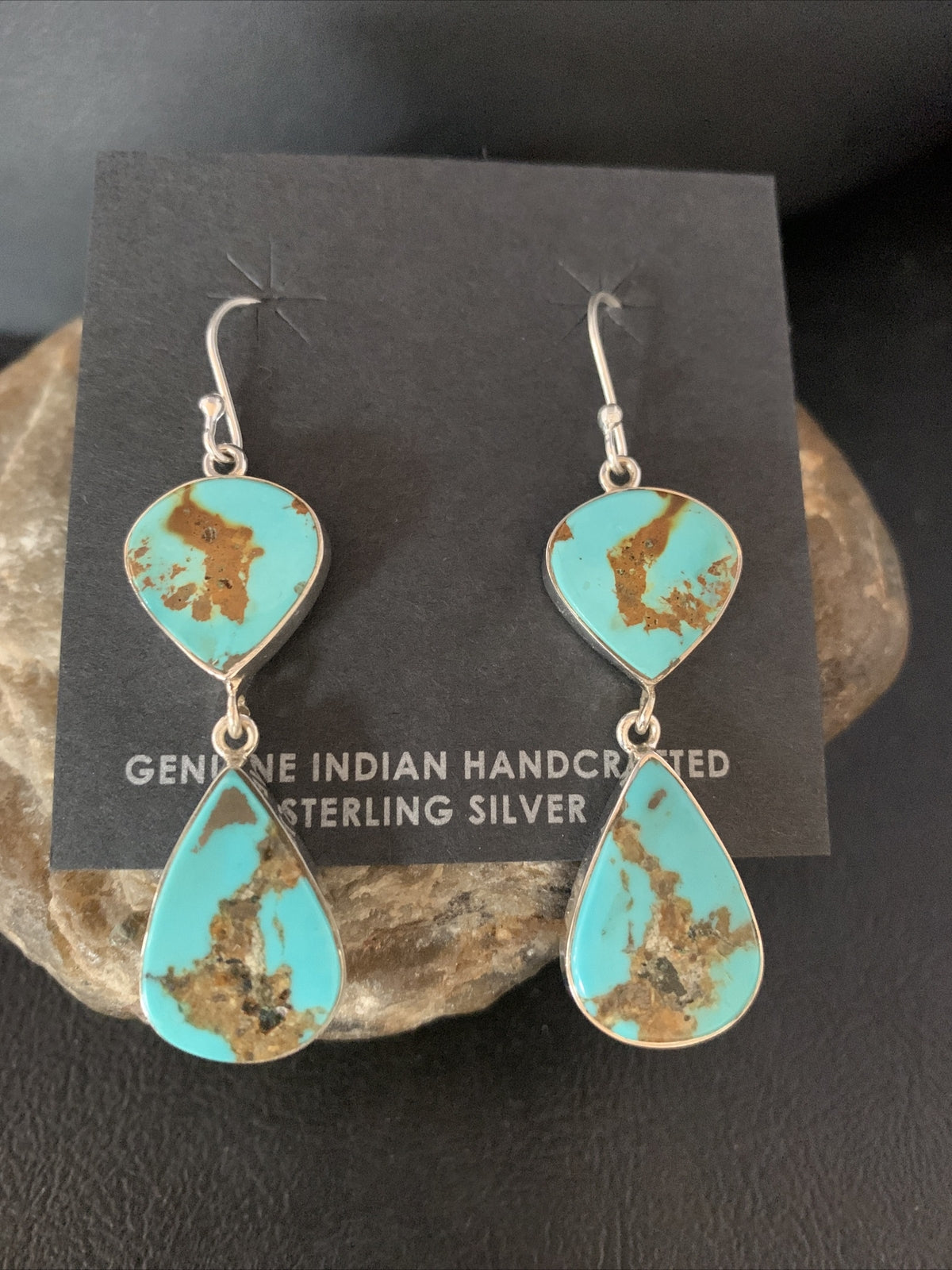 Blue Kingman Turquoise Navajo Sterling Silver Dangle Earrings 14075