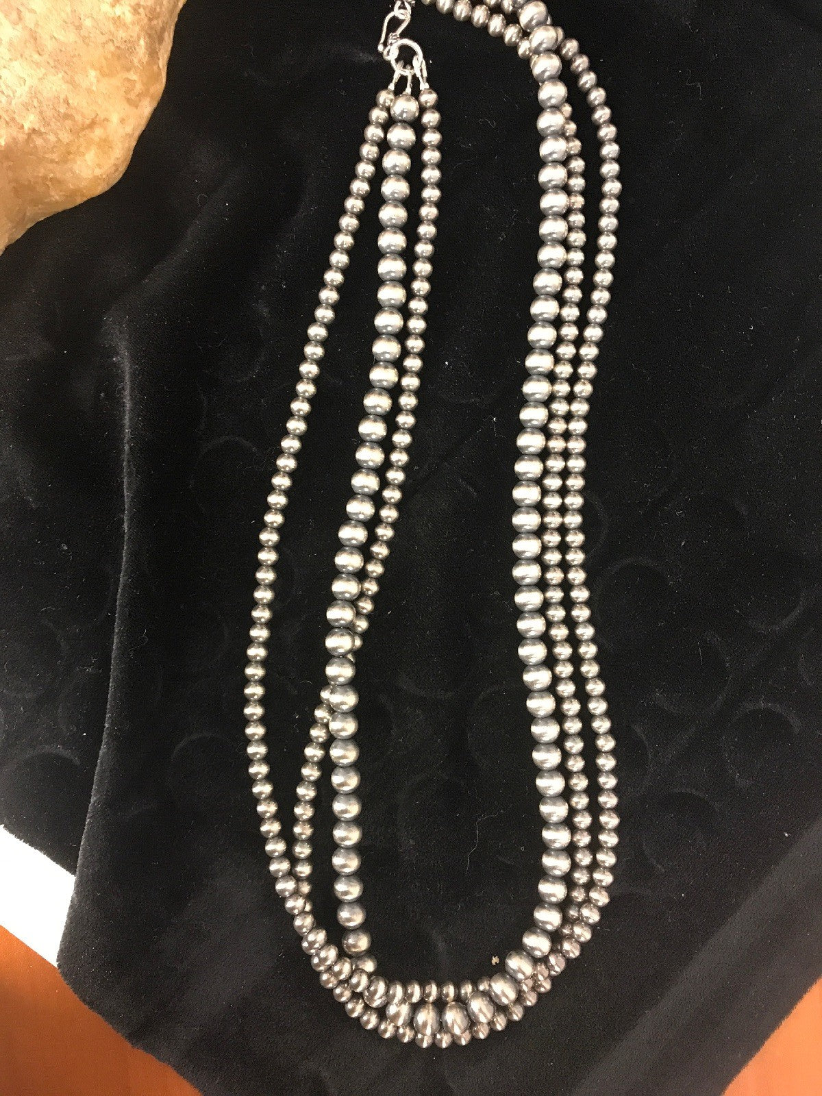 Native American 4, 5, 6 mm Sterling Silver Beads Navajo 3 Strand 18” Necklace