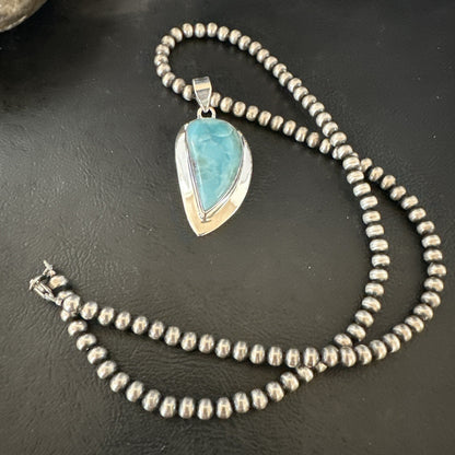 Womens Blue Larimar Pendant Navajo Sterling Silver Beads Necklace 17716