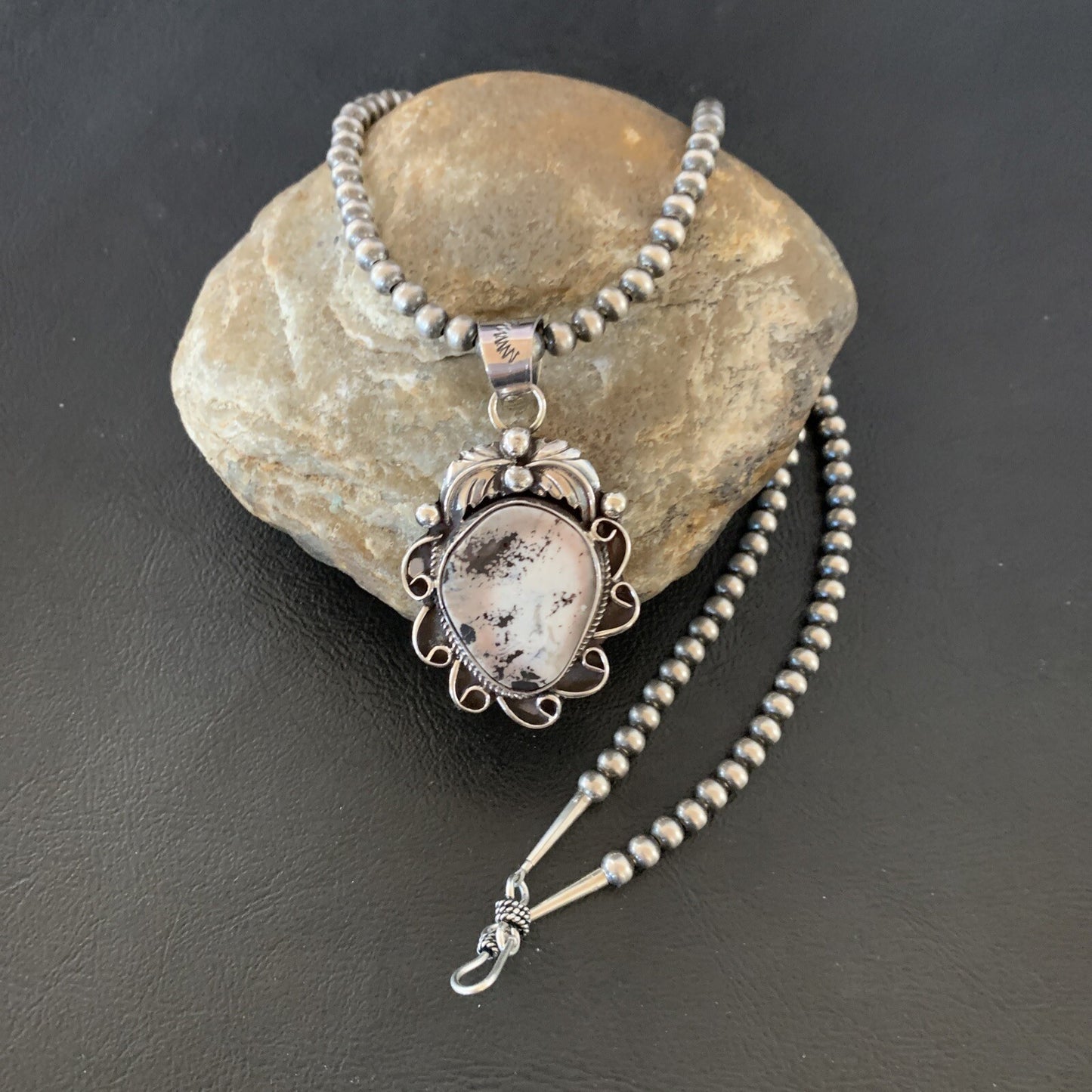 White Buffalo Turquoise Pendant  Sterling Silver Beads Necklace 11129