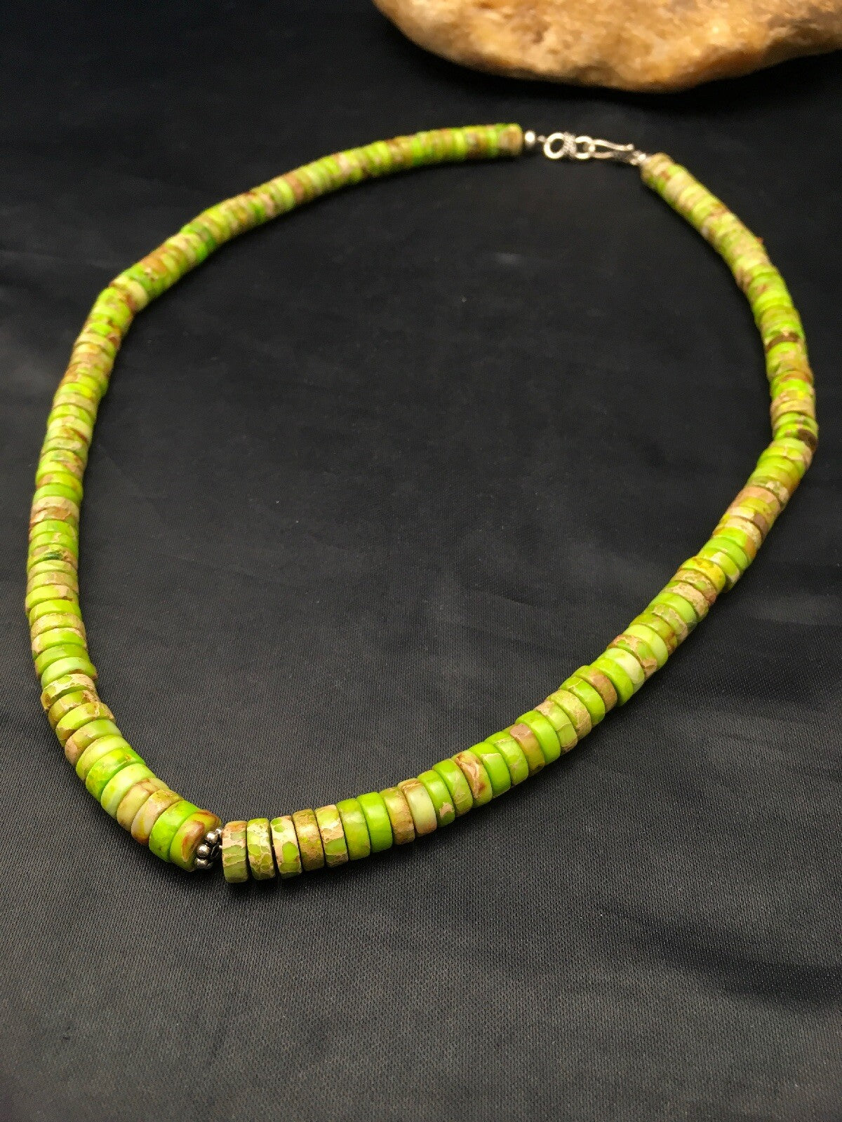 Native Green Gaspeite Stabilized Navajo Sterling Silver Necklace 20" 04337