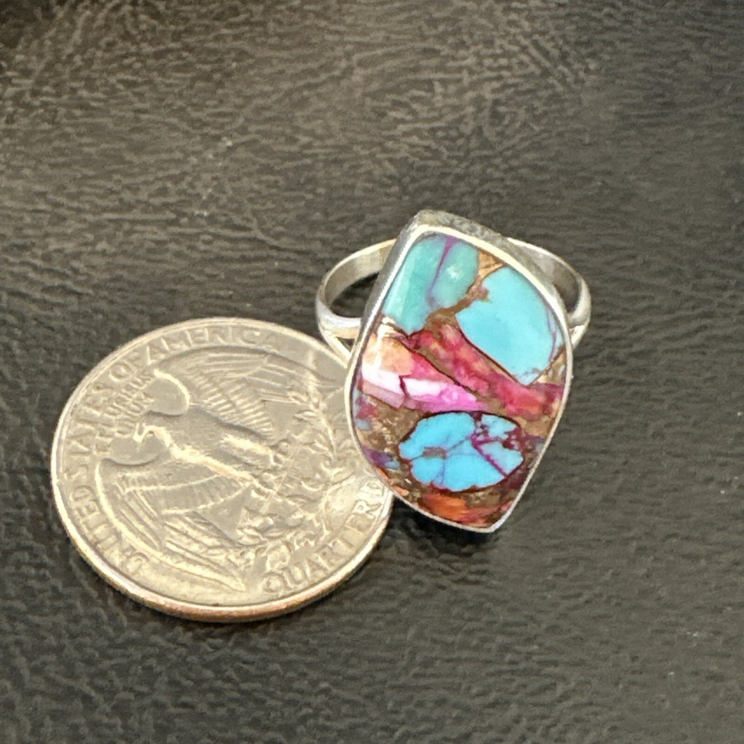 Blue Turquoise Spiny Oyster Navajo Sterling Silver Ring Size 7.5 18235