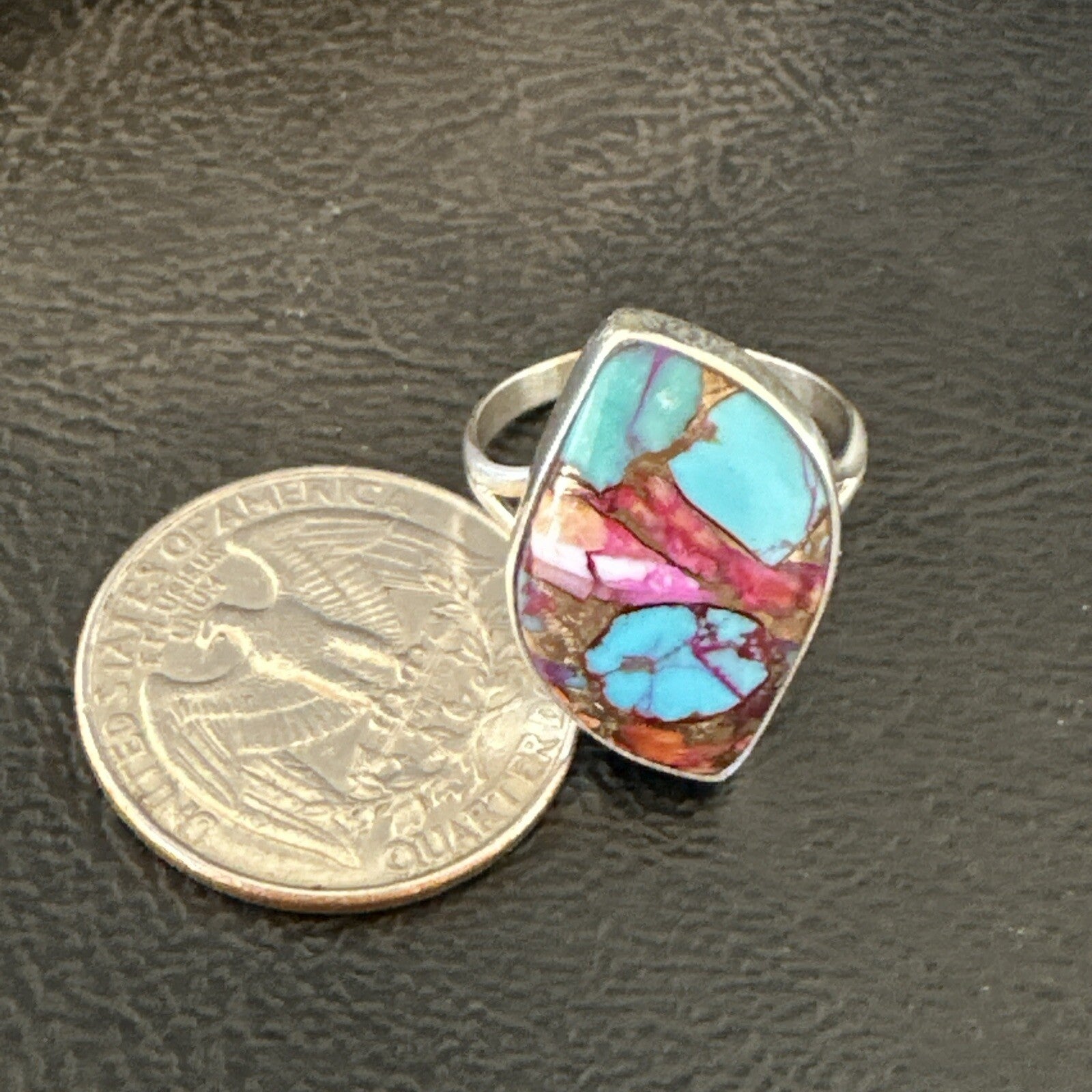 Blue Turquoise Spiny Oyster Navajo Sterling Silver Ring Size 7.5 18235