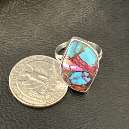 Blue Turquoise Spiny Oyster Navajo Sterling Silver Ring Size 7.5 18235