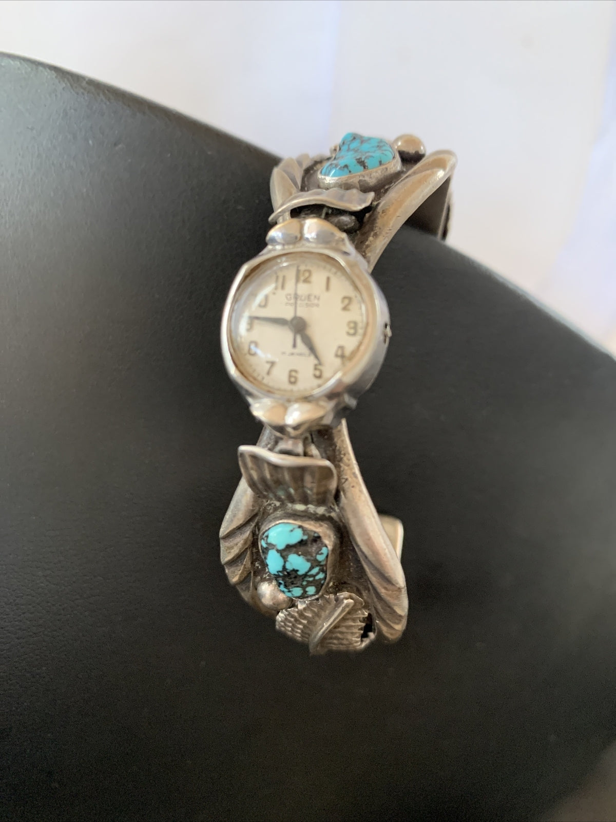 Blue Kingman Turquoise Inlay Navajo Sterling Silver Old Pawn Watch Tips 01442