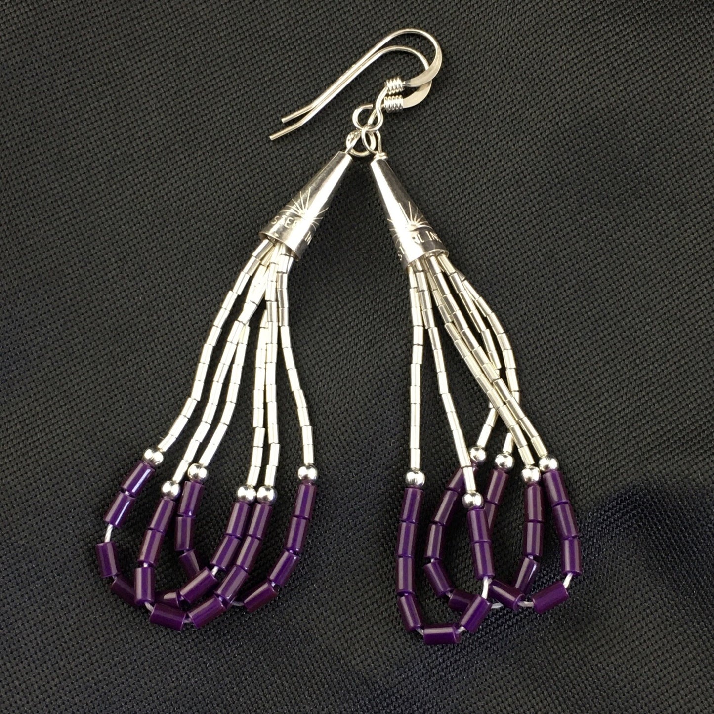 Purple Stone 3 Strands Heishi Liquid Sterling Silver Dangle Earrings 1997