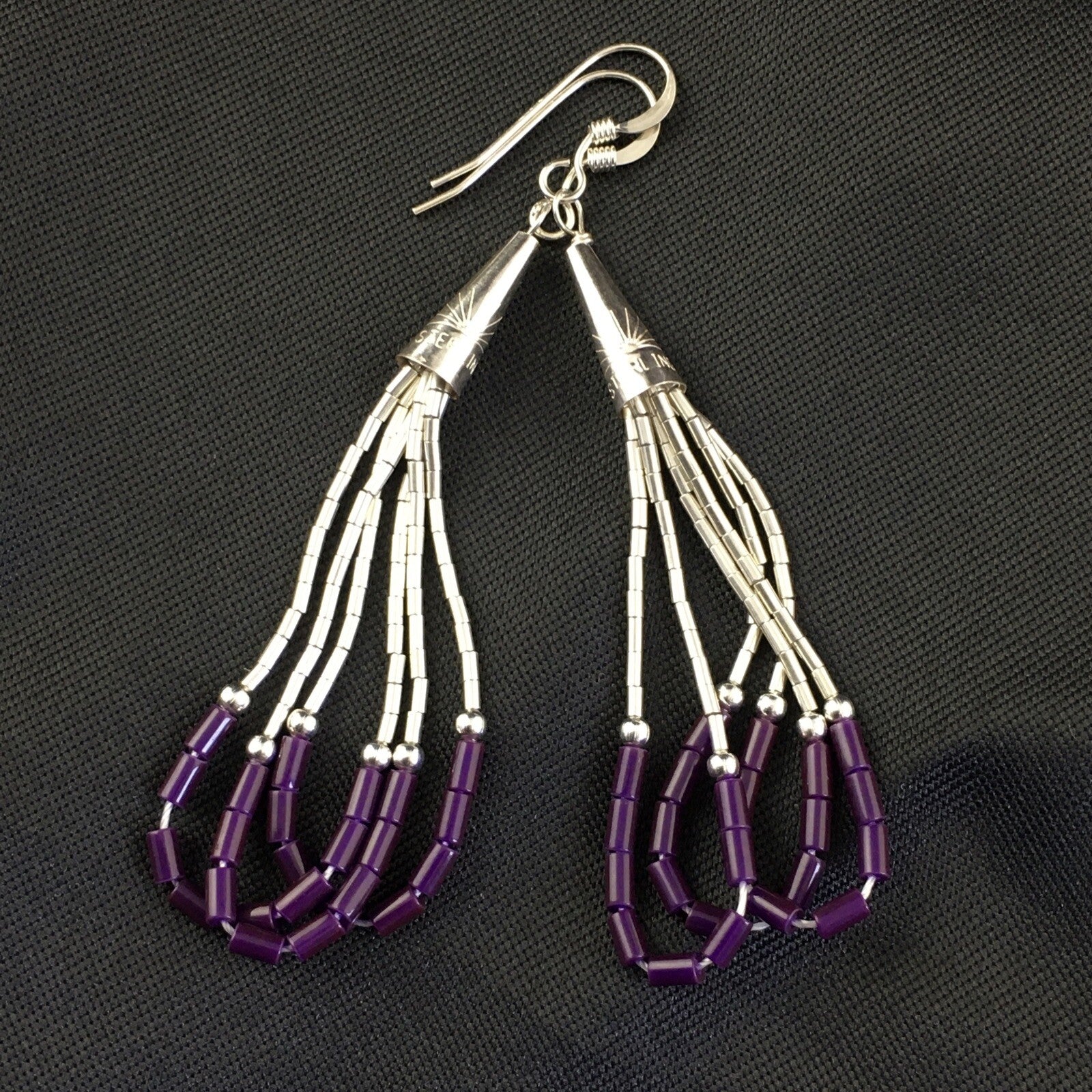 Purple Stone 3 Strands Heishi Liquid Sterling Silver Dangle Earrings 1997