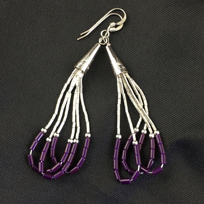 Purple Stone 3 Strands Heishi Liquid Sterling Silver Dangle Earrings 1997