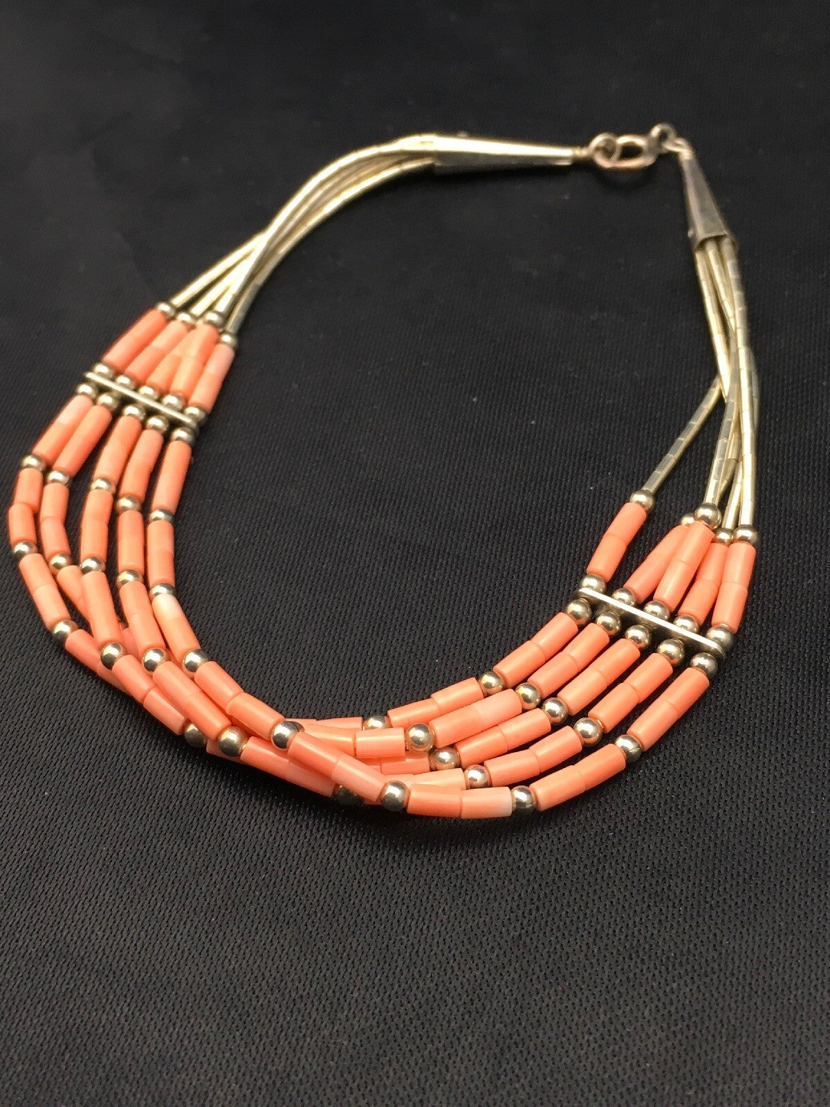 Native Pink Coral 5 Strand Heishi Liquid Sterling Silver Bracelet 7" 4345