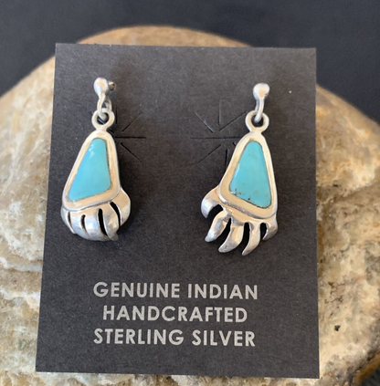 Turquoise BearPaw Inlay Navajo Sterling Silver Dangle Post Earrings 0.50" 12743