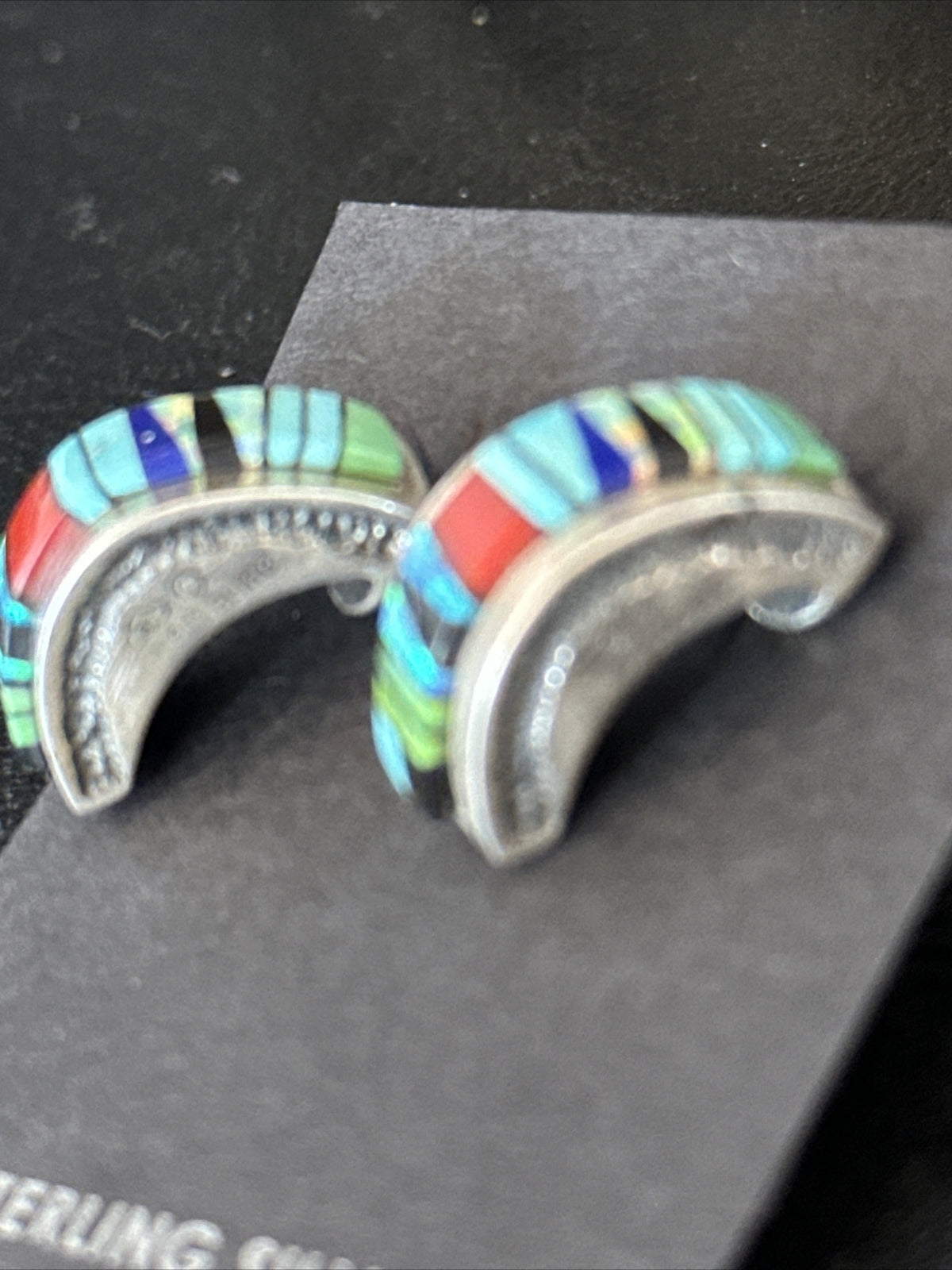 Blue Turquoise & Spiny Oyster Navajo Sterling Silver Inlay Earrings 1” 14765