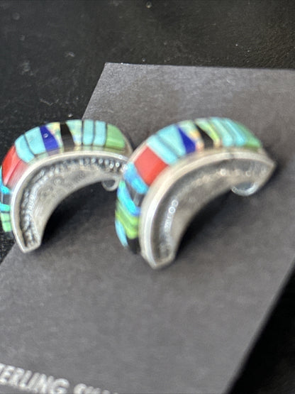 Blue Turquoise & Spiny Oyster Navajo Sterling Silver Inlay Earrings 1” 14765