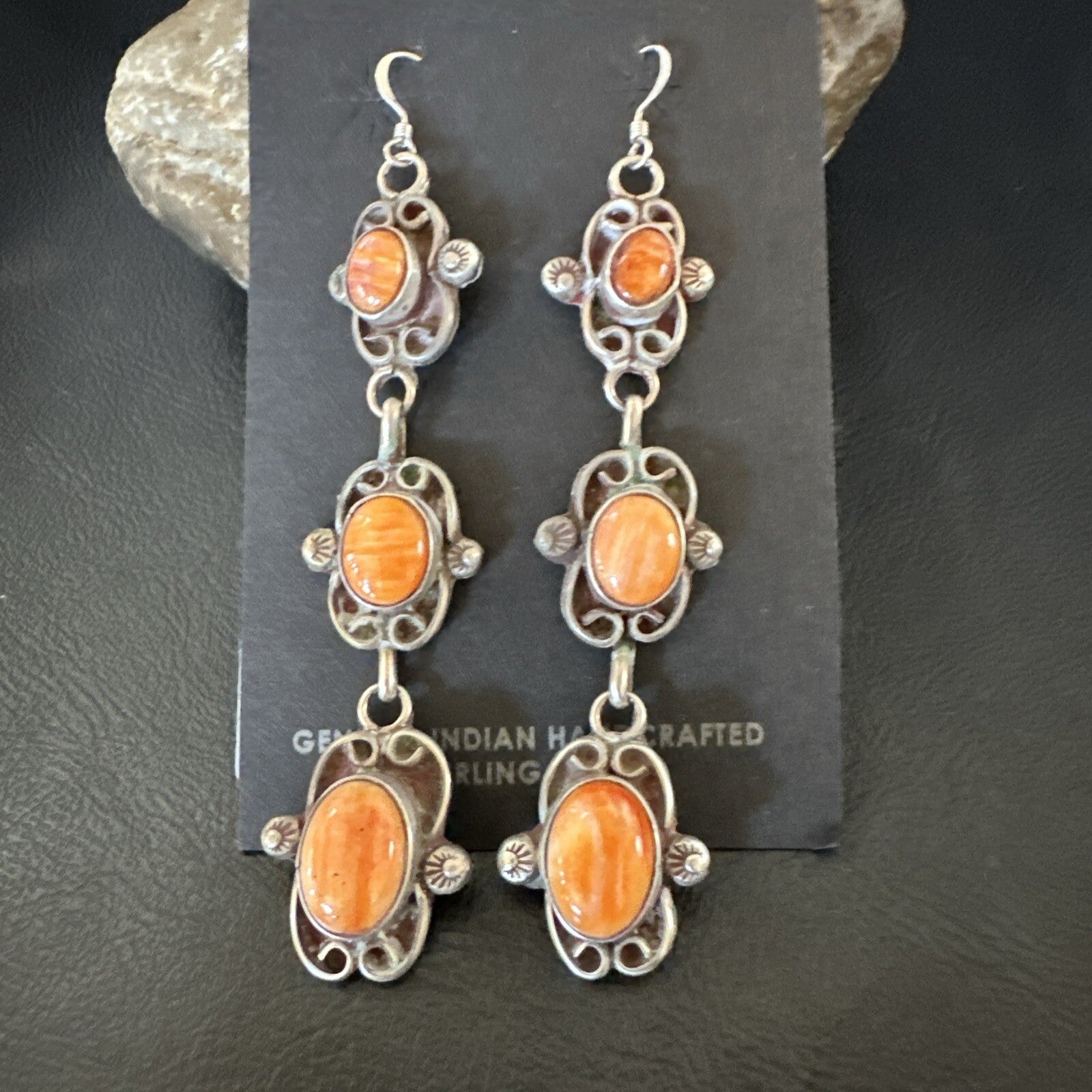 Native Navajo Sterling Silver Orange Spiny Oyster Dangle Earrings 1227