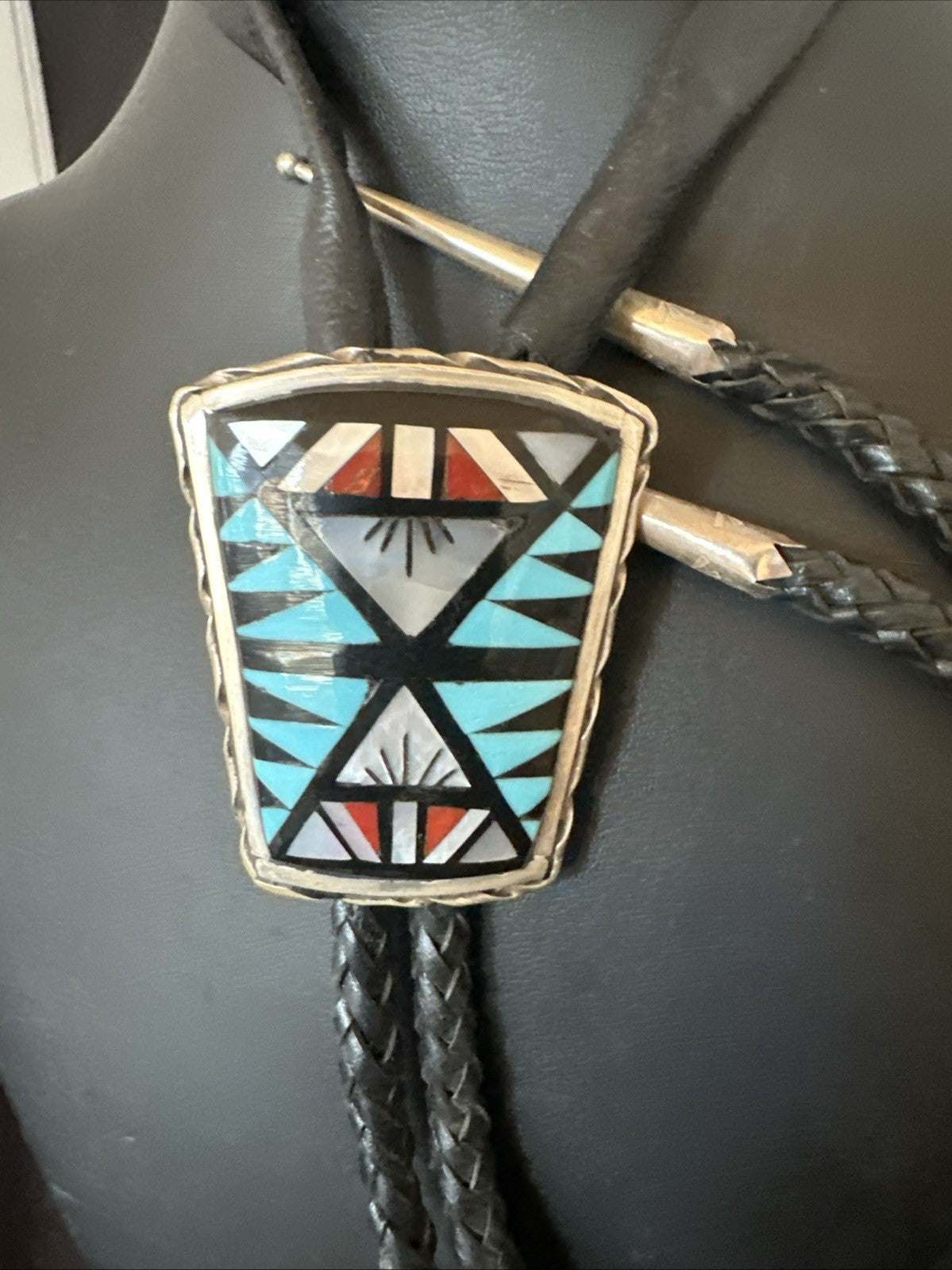 Zuni  Mens BoloTie Belt Buckle Ranger Set Turquoise Coral Sterling Silver 19155