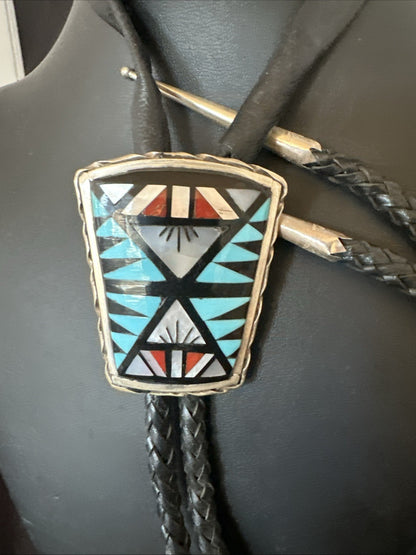 Zuni  Mens BoloTie Belt Buckle Ranger Set Turquoise Coral Sterling Silver 19155