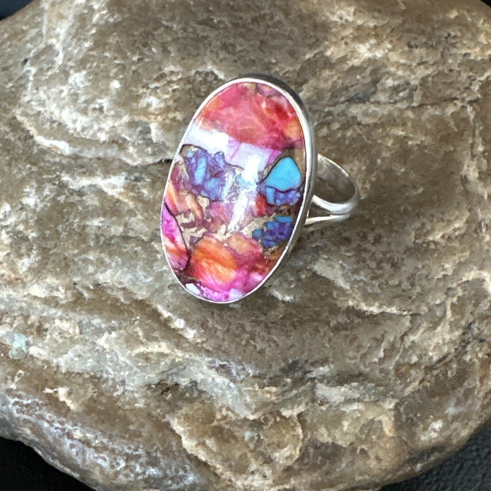 Blue Turquoise Spiny Oyster Navajo Sterling Silver Ring Size 8 18216