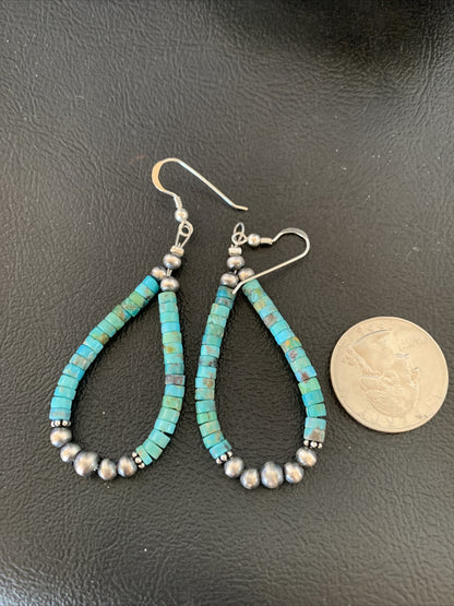 Blue Turquoise Heishi Sterling Silver Navajo Beads Earrings 2" 13043