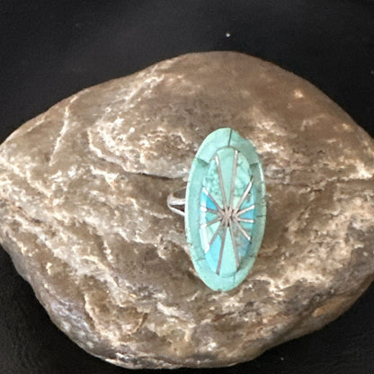 Native American Indian Navajo Blue Turquoise Inlay Band Ring Sz 7.5 18762