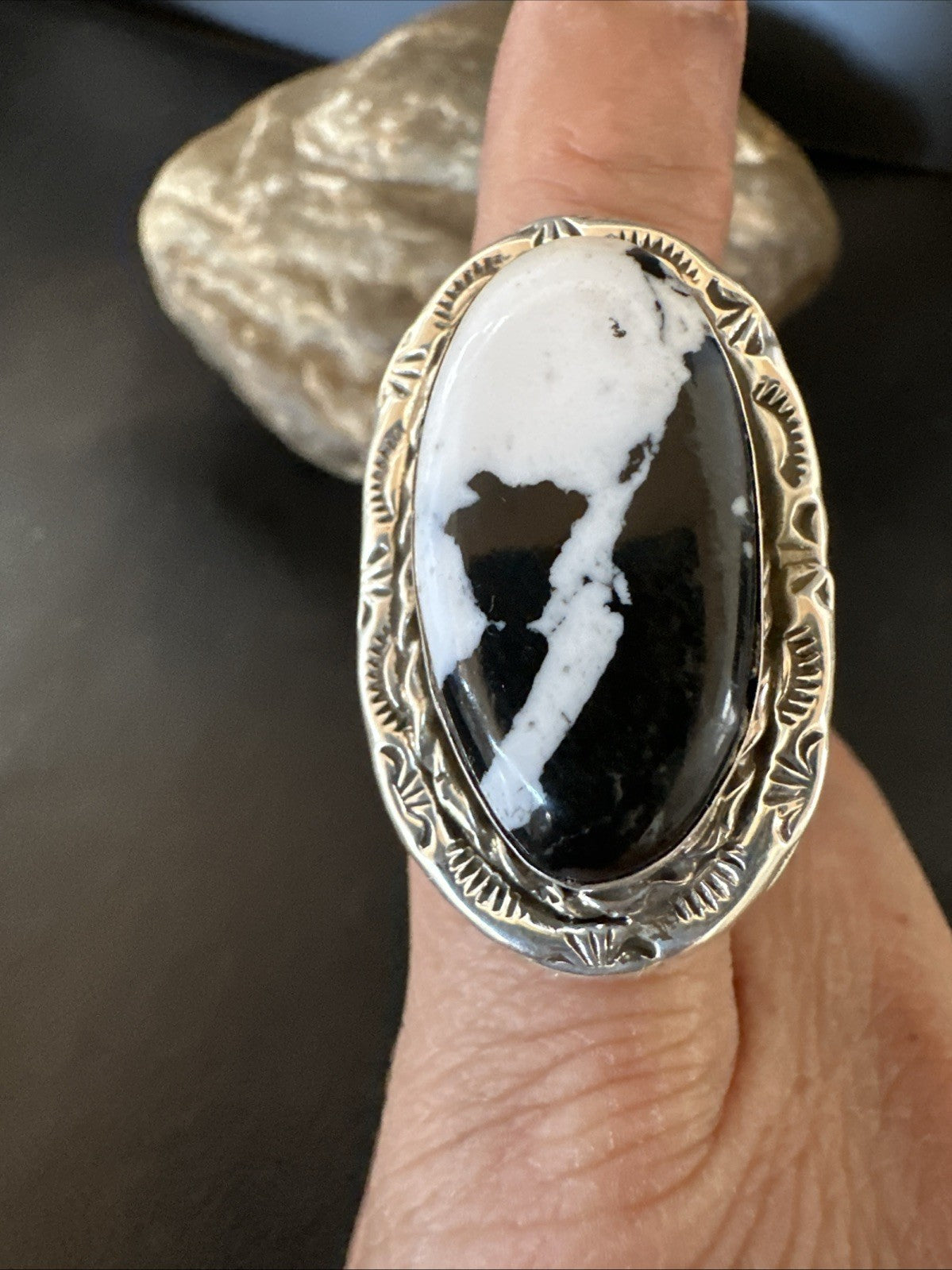 Black White Buffalo Turquoise Navajo Sterling Silver Ring Size 9 19808