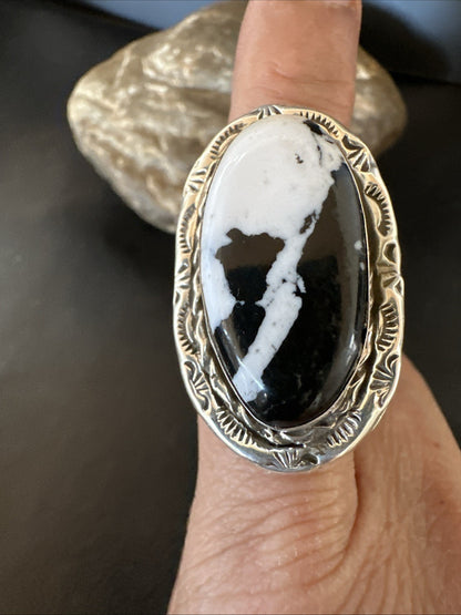 Black White Buffalo Turquoise Navajo Sterling Silver Ring Size 9 19808