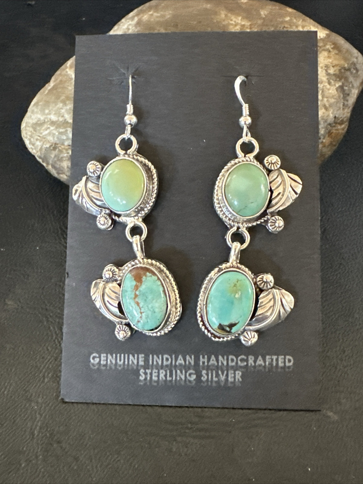 Native Navajo Green Turquoise Sterling Silver Dangle Earrings 2” 17911