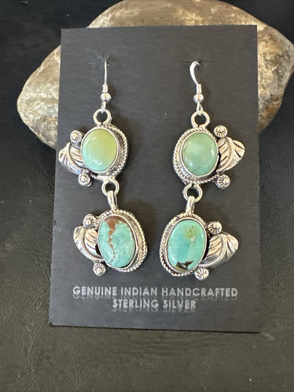 Native Navajo Green Turquoise Sterling Silver Dangle Earrings 2” 17911